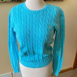 Size medium light turquoise Ralph Lauren cotton cable knit crew neck sweater.